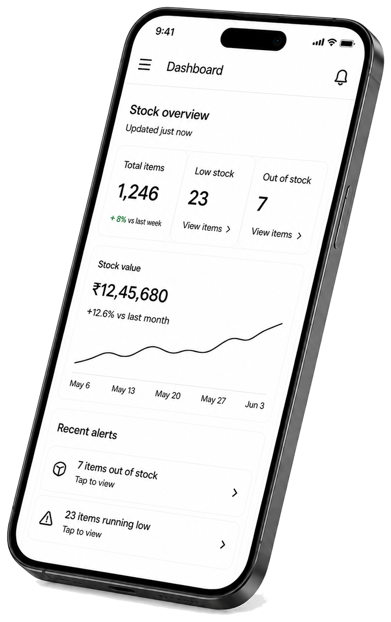 Stockhand dashboard on phone — stock overview, value, and alerts